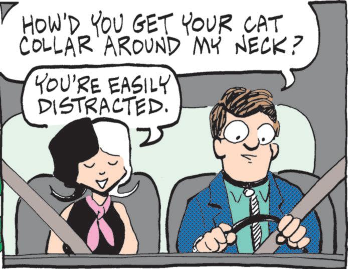 Photo caption OCR: HOW'D YOU GET YOUR CAT COLLAR AROUND MY NECK? YOU'RE EASILY DISTRACTED. HOW'D YOU GET YOUR CAT COLLAR AROUND MY NECK ? YOU'RE EASILY DISTRACTED .