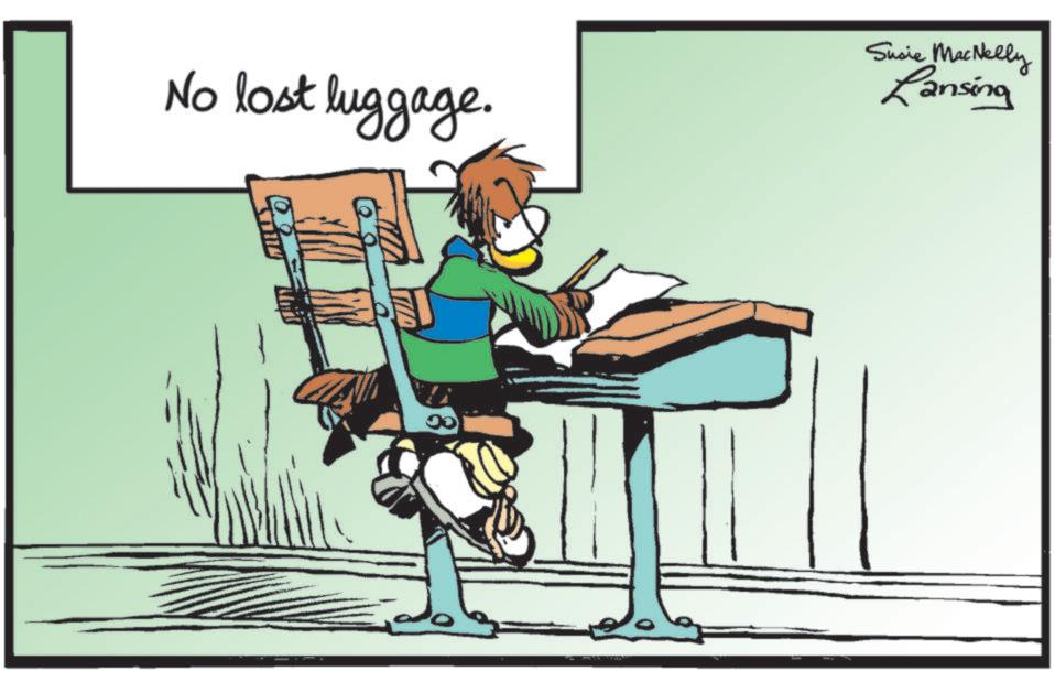 Animated cartoon OCR: No lost luggage. Susie MacNelly Lansing ?? No lost luggage . Susie MacNelly Lansing ??
