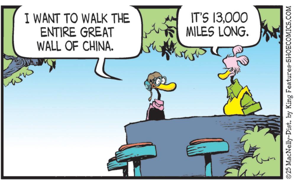 Bird OCR: ?? I WANT TO WALK THE ENTIRE GREAT WALL OF CHINA. IT'S 13000 MILES LONG. ©25 MacNelly-Dist. by King Features-SHOECOMICS.COM ?? I WANT TO WALK THE ENTIRE GREAT WALL OF CHINA . IT'S 13000 MILES LONG . © 25 MacNelly - Dist . by King Features-SHOECOMICS.COM