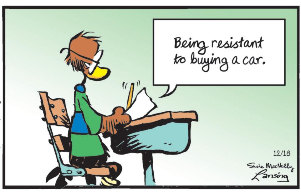 Animated cartoon OCR: Being resistant buying a car. to 12/18 Susie MacNelly Lansing Being resistant buying a car . to 12/18 Susie MacNelly Lansing