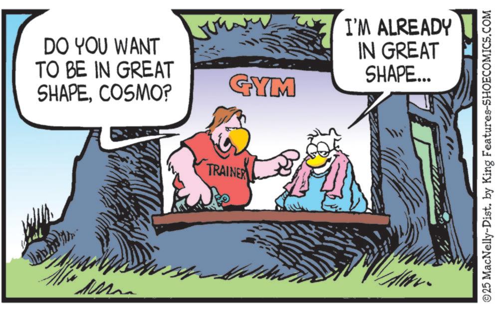Comic book OCR: ??? DO YOU WANT TO BE IN GREAT SHAPECOSMO? GYM I'M ALREADY IN GREAT SHAPE... M TRAINER © 25 MacNelly-Dist. by King Features-SHOECOMICS.COM ??? DO YOU WANT TO BE IN GREAT SHAPECOSMO ? GYM I'M ALREADY IN GREAT SHAPE ... M TRAINER © 25 MacNelly - Dist . by King Features-SHOECOMICS.COM