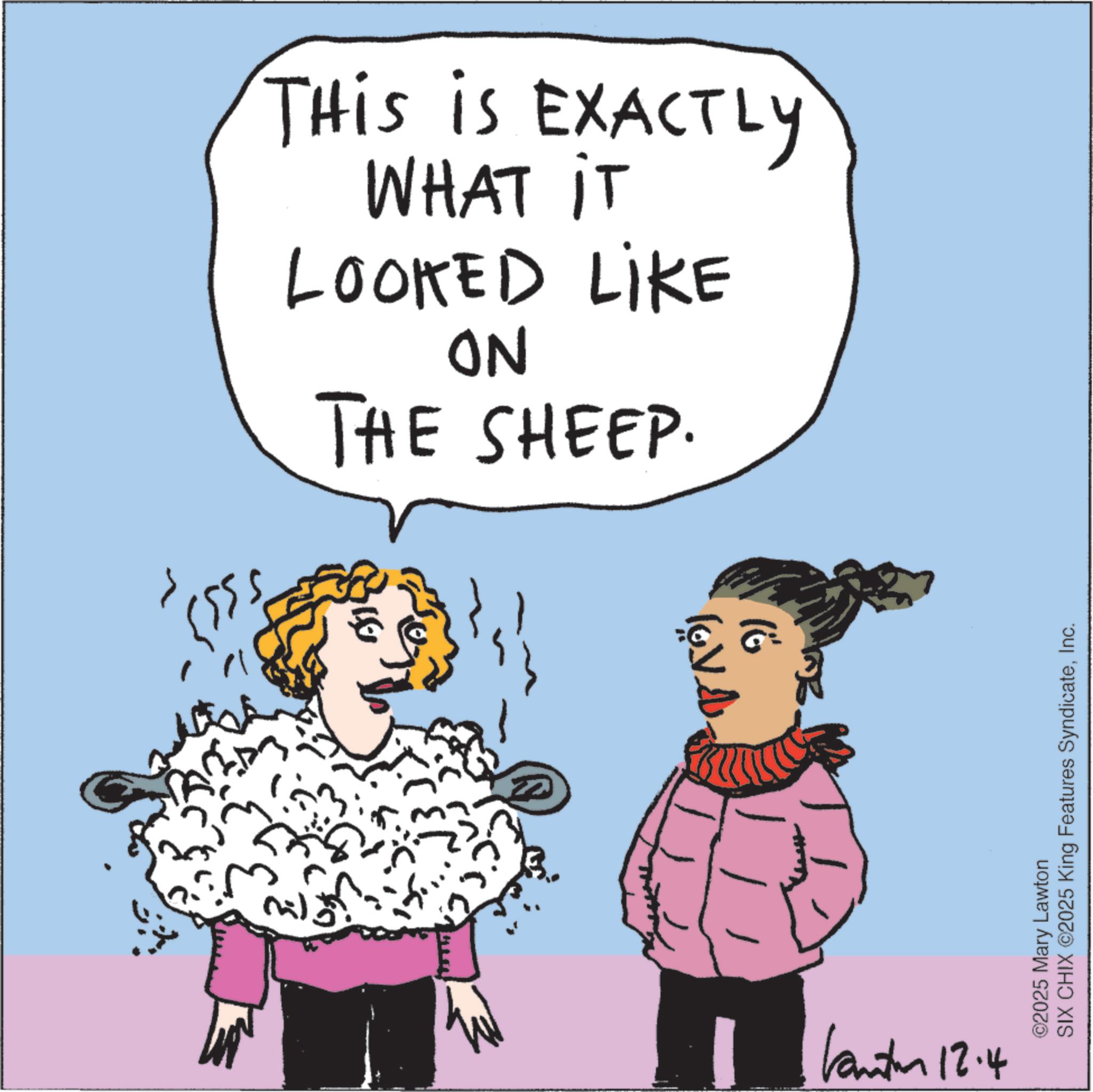 OCR: M Kantor 12.4 THis is EXACTLY WHAT IT LOOKED LIKE ON THE SHEEP. ?) ©2025 Mary Lawton SIX CHIX ©2025 King Features SyndicateInc. M Kantor 12.4 THis is EXACTLY WHAT IT LOOKED LIKE ON THE SHEEP . ? ) © 2025 Mary Lawton SIX CHIX © 2025 King Features Syndicate