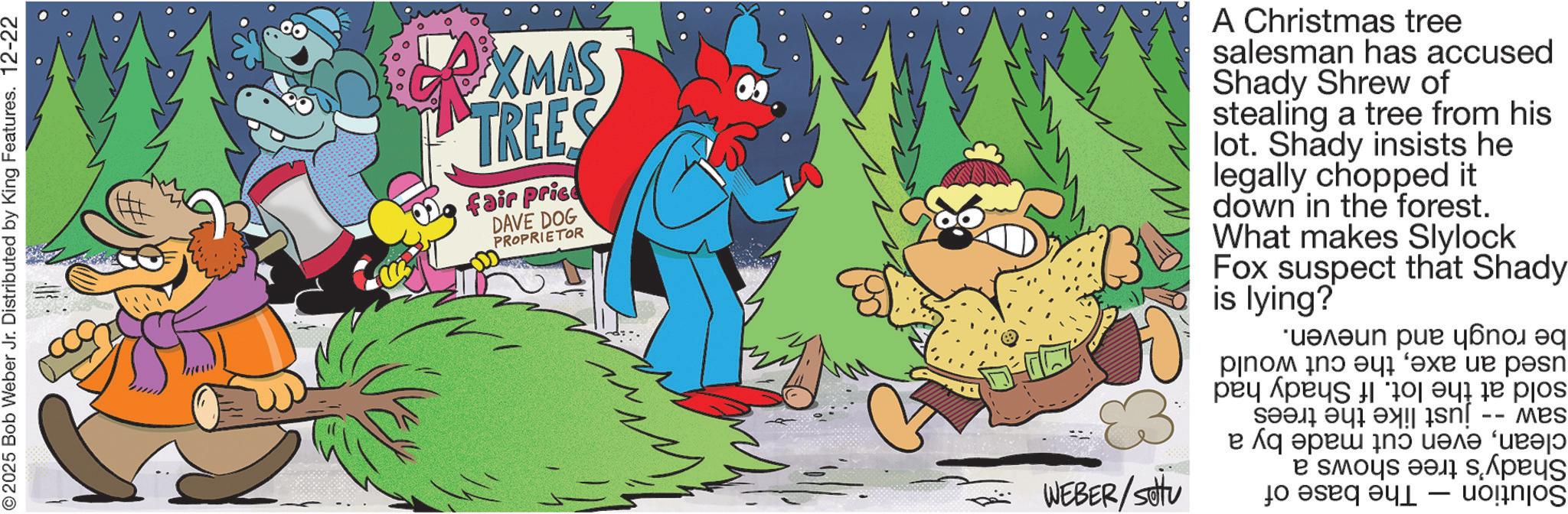 Publication OCR: ©2025 Bob Weber Jr. Distributed by King Features. 12-22 XMAS TREES fair price DAVE DOG PROPRIETOR A Christmas tree salesman has accused Shady Shrew of stealing a tree from his lot. Shady insists he legally chopped it down in the forest. What makes Slylock Fox suspect is lying? that Shady == WEBER/SOU The base of used an axethe cut would sold at the lot. If Shady had just like the trees saw cleaneven cut made by a Shady's tree shows a Solution be rough and uneven. © 2025 Bob Weber Jr. Distributed by King Features . 12-22 XMAS TREES fair price DAVE DOG PROPRIETOR A Christmas tree salesman has accused Shady Shrew of stealing a tree from his lot . Shady insists he legally chopped it down in the forest . What makes Slylock Fox suspect is lying ? that Shady == WEBER / SOU The base of used an axethe cut would sold at the lot . If Shady had just like the trees saw cleaneven cut made by a Shady's tree shows a Solution be rough and uneven .