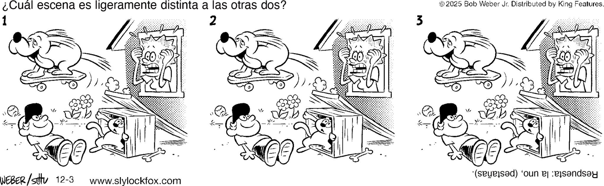 Graphics OCR: ¿Cuál escena es ligeramente distinta a las otras dos? 1 V WEBER/Set 12-3 www.slylockfox.com 2 3 © 2025 Bob Weber Jr. Distributed by King Features. Ve (d) on and ¿ Cuál escena es ligeramente distinta a las otras dos ? 1 V WEBER / Set 12-3 www.slylockfox.com 2 3 © 2025 Bob Weber Jr. Distributed by King Features . Ve ( d ) on and