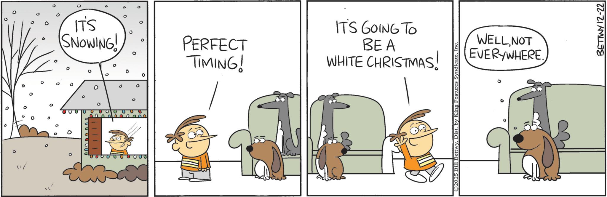 Comics OCR: 0 0 IT'S SNOWING! 0 0 ° PERFECT TIMING! IT'S GOING TO BEA WHITE CHRISTMAS! © 2025 Bill BettwyIn WELLNOT EVERYWHERE. BETTWY 12-22 0 0 IT'S SNOWING ! 0 0 ° PERFECT TIMING ! IT'S GOING TO BEA WHITE CHRISTMAS ! © 2025 Bill BettwyDist . by King Features SyndicateIn WELLNOT EVERYWHERE . BETTWY 12-22