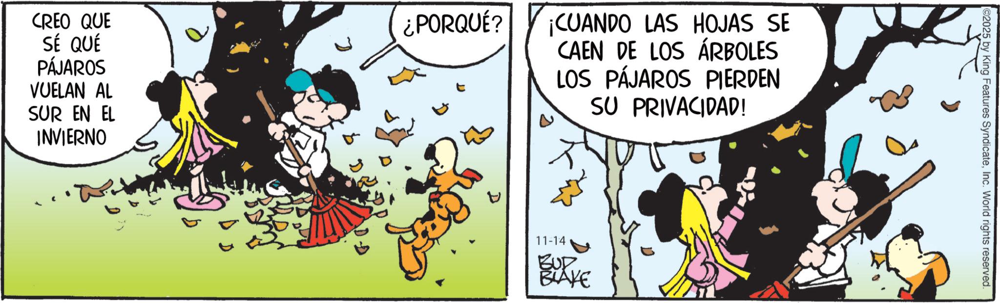 Publication OCR: CREO QUE SÉ QUÉ PÁJAROS VUELAN AL SUR EN EL INVIERNO ¿PORQUÉ? ¡CUANDO LAS HOJAS SE CAEN DE LOS ÁRBOLES LOS PÁJAROS PIERDEN SU PRIVACIDAD! 11-14 BUD. BLAKE ©2025 by King Features SyndicateInc. World rights reserved. CREO QUE SÉ QUÉ PÁJAROS VUELAN AL SUR EN EL INVIERNO ¿ PORQUÉ ? ¡ CUANDO LAS HOJAS SE CAEN DE LOS ÁRBOLES LOS PÁJAROS PIERDEN SU PRIVACIDAD ! 11-14 BUD . BLAKE © 2025 by King Features SyndicateInc. World rights reserved .