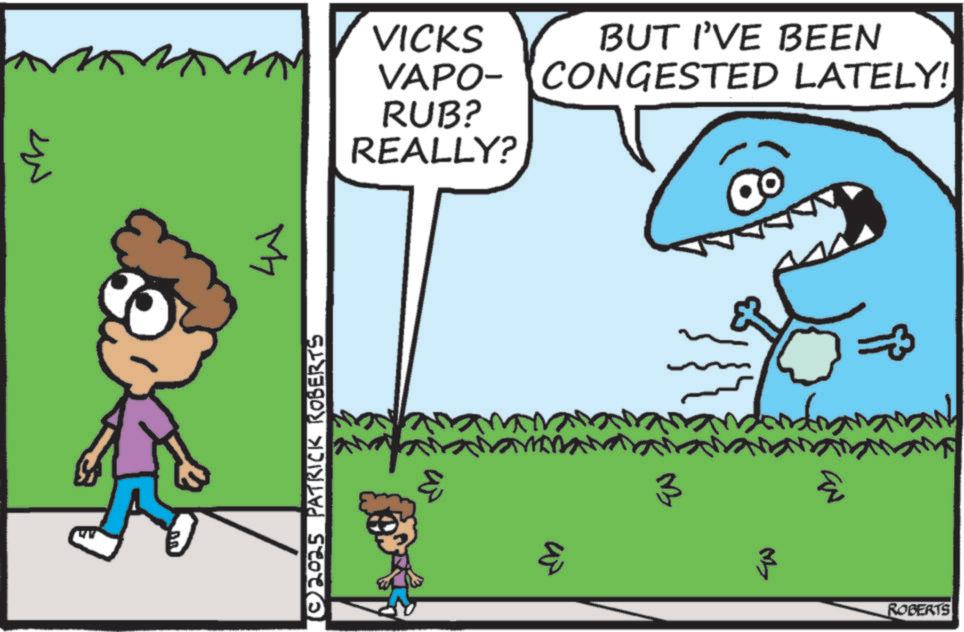 Clip art OCR: ??? My VICKS BUT I'VE BEEN VAPO- CONGESTED LATELY! RUB? REALLY? (©2025 PATRICK ROBERTS ? 3 == 3 ROBERTS ??? My VICKS BUT I'VE BEEN VAPO- CONGESTED LATELY ! RUB ? REALLY ? ( © 2025 PATRICK ROBERTS ? 3 == 3 ROBERTS