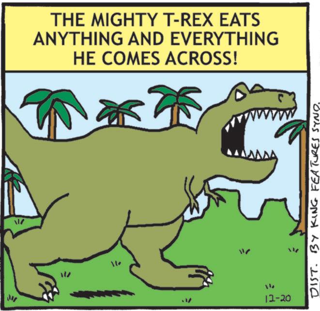 Dinosaur OCR: 11/ THE MIGHTY T-REX EATS ANYTHING AND EVERYTHING HE COMES ACROSS! 14 11-20 WW DIST. BY KING FEATURES SYND. 11 / THE MIGHTY T - REX EATS ANYTHING AND EVERYTHING HE COMES ACROSS ! 14 11-20 WW DIST . BY KING FEATURES SYND .