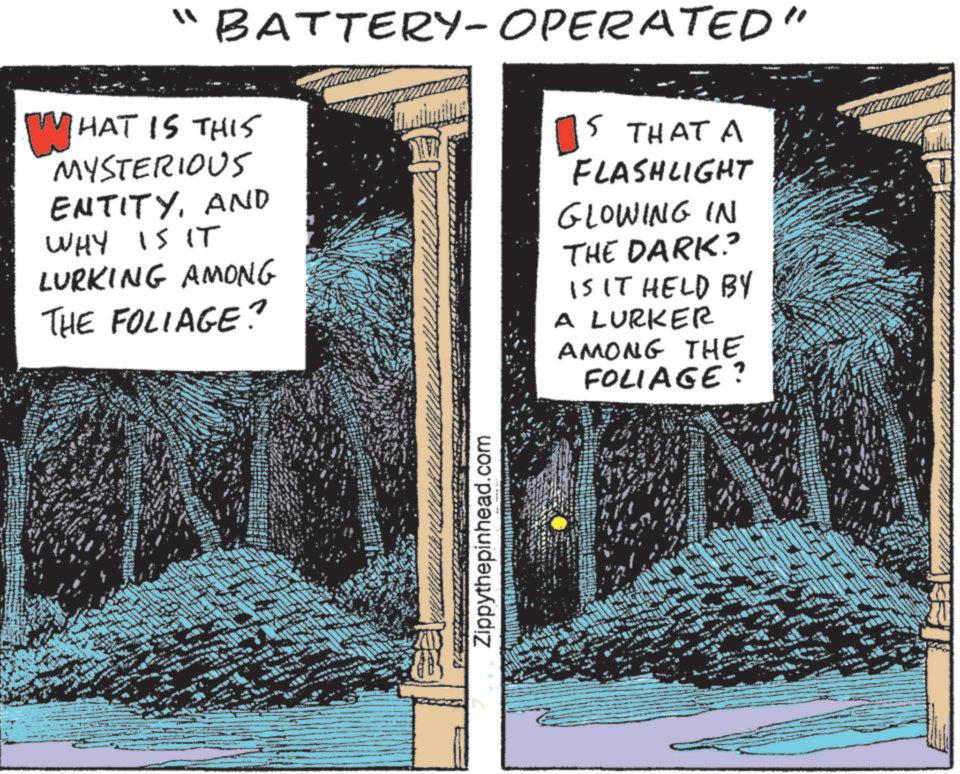 Fiction OCR: "BATTERY-OPERATED" WHAT IS THIS MYSTERIOUS ENTITYAND WHY IS IT LURKING AMONG THE FOLIAGE? 5 THAT A FLASHLIGHT GLOWING IN THE DARK? IS IT HELD BY A LURKER AMONG THE FOLIAGE? Zippythepinhead.com " BATTERY - OPERATED " WHAT IS THIS MYSTERIOUS ENTITYAND WHY IS IT LURKING AMONG THE FOLIAGE ? 5 THAT A FLASHLIGHT GLOWING IN THE DARK ? IS IT HELD BY A LURKER AMONG THE FOLIAGE ? Zippythepinhead.com