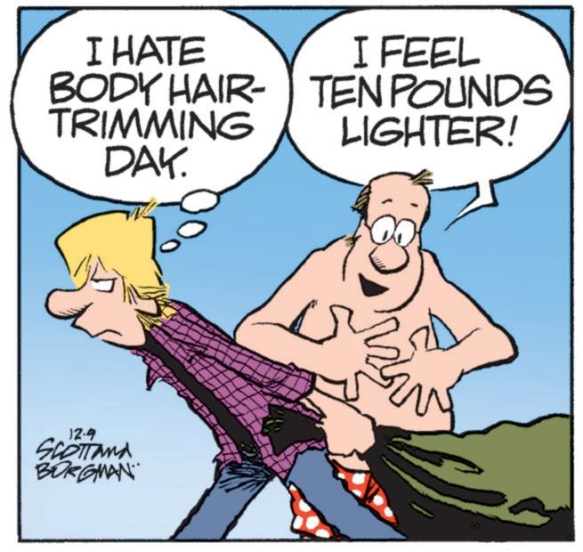 Animated cartoon OCR: I HATE BODY HAIR- TRIMMING DAY. I FEEL TEN POUNDS LIGHTER! L 12.4 SCOTTand BORGMAN I HATE BODY HAIR- TRIMMING DAY . I FEEL TEN POUNDS LIGHTER ! L 12.4 SCOTTand BORGMAN