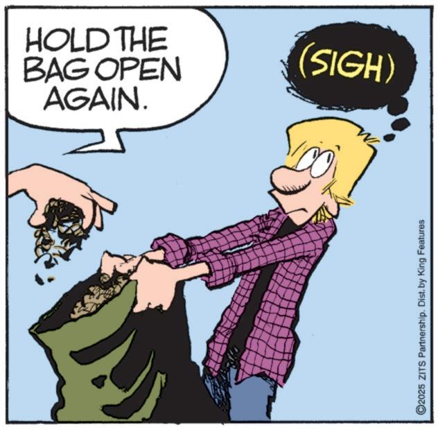 Fictional character OCR: AGAIN. BAG OPEN HOLD THE (SIGH) 2025 ZITS Partnership. Dist. by King Features AGAIN . BAG OPEN HOLD THE ( SIGH ) 2025 ZITS Partnership . Dist . by King Features