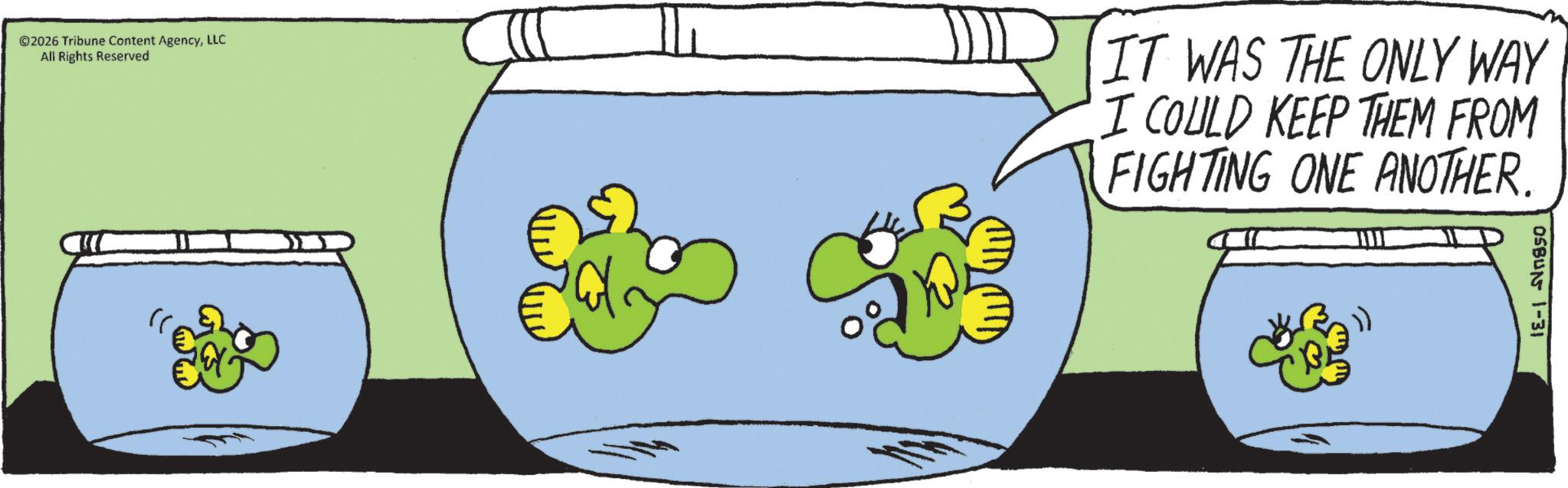Animated cartoon OCR: © 2026 Tribune Content AgencyLLC All Rights Reserved IT WAS THE ONLY WAY I COULD KEEP THEM FROM FIGHTING ONE ANOTHER. OS BUN 1-31 © 2026 Tribune Content AgencyLLC All Rights Reserved IT WAS THE ONLY WAY I COULD KEEP THEM FROM FIGHTING ONE ANOTHER . OS BUN 1-31