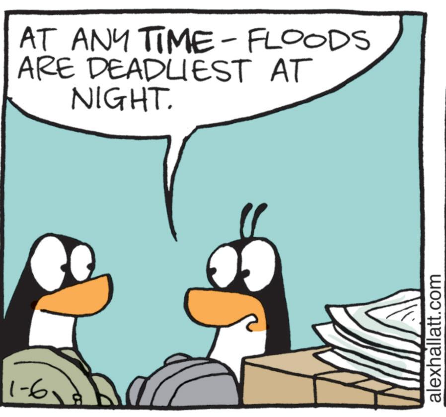 Penguin OCR: 1-6 AT ANY TIME - FLOODS ARE DEADLIEST AT NIGHT. alexhallatt.com 1-6 AT ANY TIME - FLOODS ARE DEADLIEST AT NIGHT . alexhallatt.com