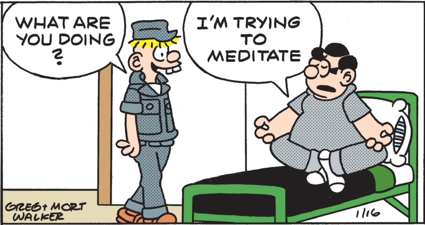 Animation OCR: WHAT ARE YOU DOING ? I'M TRYING TO MEDITATE GREET MORT WALKER 1/16 WHAT ARE YOU DOING ? I'M TRYING TO MEDITATE GREET MORT WALKER 1/16