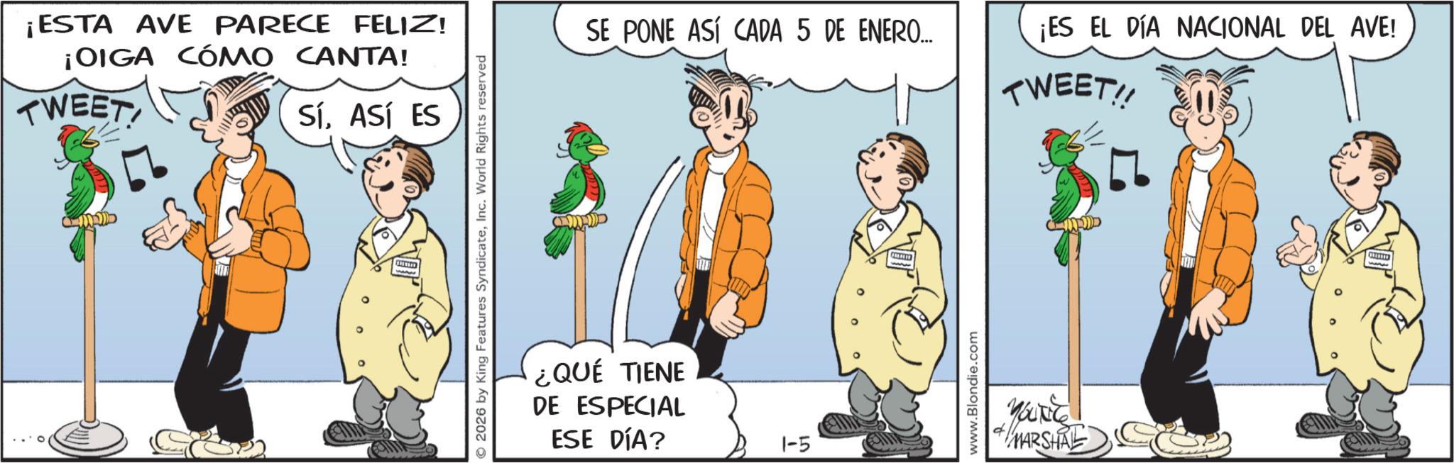 Comic book OCR: ¡ESTA AVE PARECE FELIZ! ¡OIGA CÓMO CANTA! TWEET SÍASÍ ES © 2026 by King Features SyndicateInc. World Rights reserved ¿QUÉ TIENE DE ESPECIAL ESE DÍA? SE PONE ASÍ CADA 5 DE ENERO... ¡ES EL DÍA NACIONAL DEL AVE! 1-5 www.Blondie.com YOUNG MARSHRE TWEET!! ¡ ESTA AVE PARECE FELIZ ! ¡ OIGA CÓMO CANTA ! TWEET SÍASÍ ES © 2026 by King Features SyndicateInc. World Rights reserved ¿ QUÉ TIENE DE ESPECIAL ESE DÍA ? SE PONE ASÍ CADA 5 DE ENERO ... ¡ ES EL DÍA NACIONAL DEL AVE ! 1-5 www.Blondie.com YOUNG MARSHRE TWEET !!