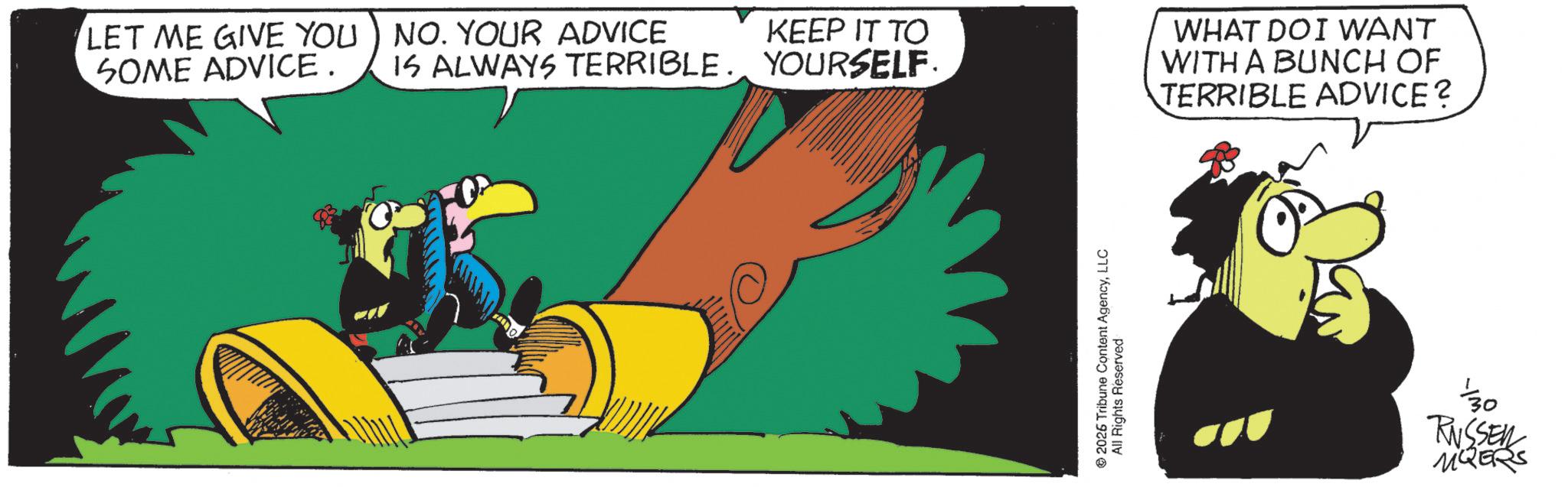 Bird OCR: LET ME GIVE YOU SOME ADVICE. NO. YOUR ADVICE KEEP IT TO IS ALWAYS TERRIBLE. YOURSELF. 2026 Tribune Content AgencyLLC All Rights Reserved WHAT DOI WANT WITH A BUNCH OF TERRIBLE ADVICE? 130 RUSSELL MQERS LET ME GIVE YOU SOME ADVICE . NO . YOUR ADVICE KEEP IT TO IS ALWAYS TERRIBLE . YOURSELF . 2026 Tribune Content AgencyLLC All Rights Reserved WHAT DOI WANT WITH A BUNCH OF TERRIBLE ADVICE ? 130 RUSSELL MQERS