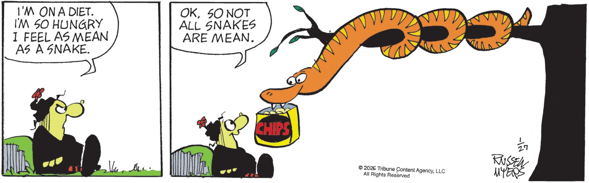 Graphic design OCR: I'M ON A DIET. I'M SO HUNGRY I FEEL AS MEAN AS A SNAKE. OKSO NOT ALL SNAKES ARE MEAN. News Me CHIPS 27 2026 Tribune Content AgencyLLC All Rights Reserved RUSSEL MYERS I'M ON A DIET . I'M SO HUNGRY I FEEL AS MEAN AS A SNAKE . OKSO NOT ALL SNAKES ARE MEAN . News Me CHIPS 27 2026 Tribune Content AgencyLLC All Rights Reserved RUSSEL MYERS