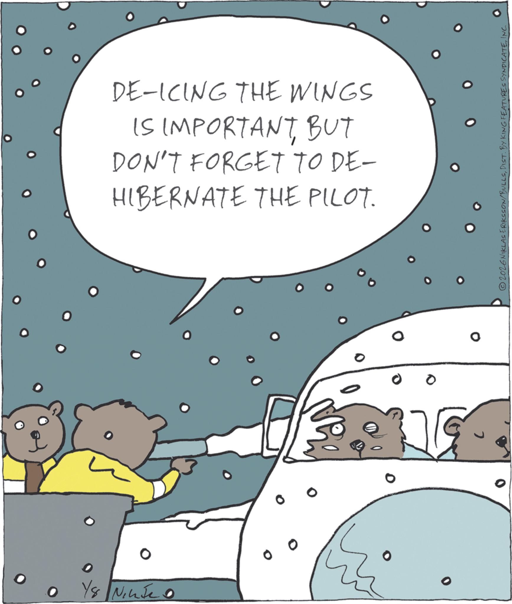 Photo caption OCR: Ye Nine o DE-ICING THE WINGS IS IMPORTANTBUT DON'T FORGET TO DE- HIBERNATE THE PILOT. 0 0 © 2026 NIKLAS ERIKS BULLSINC. Ye Nine o DE - ICING THE WINGS IS IMPORTANTBUT DON'T FORGET TO DE- HIBERNATE THE PILOT . 0 0 © 2026 NIKLAS ERIKS BULLSDIST . BY KING FEATURES SYNDICATEINC .
