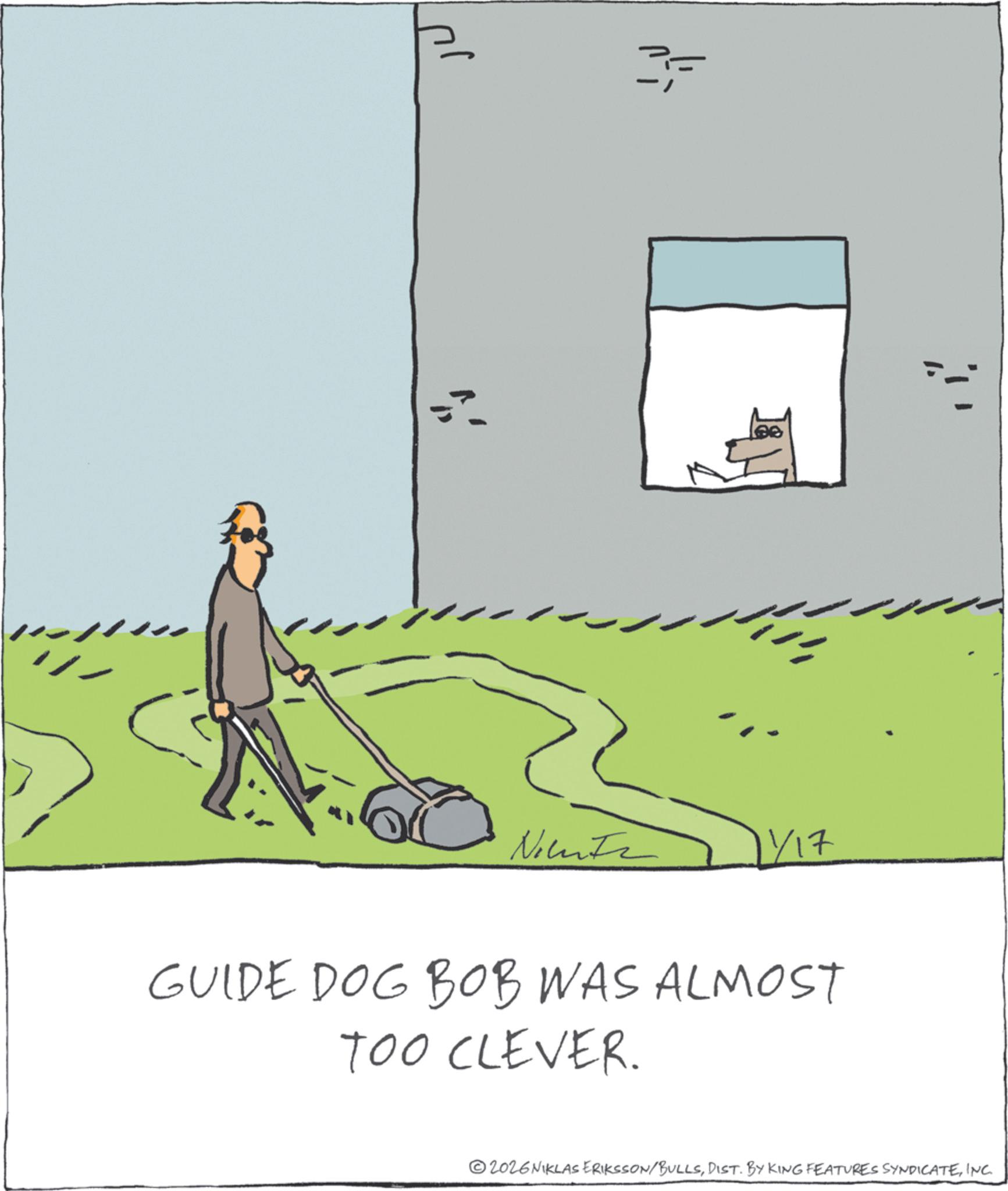Leash OCR: 3= Ninte 1/17 GUIDE DOG BOB WAS ALMOST TOO CLEVER. 2026NIKLAS ERIKSSON/BULLSINC. 3 = Ninte 1/17 GUIDE DOG BOB WAS ALMOST TOO CLEVER . 2026NIKLAS ERIKSSON / BULLSDIST . BY KING FEATURES SYNDICATEINC .