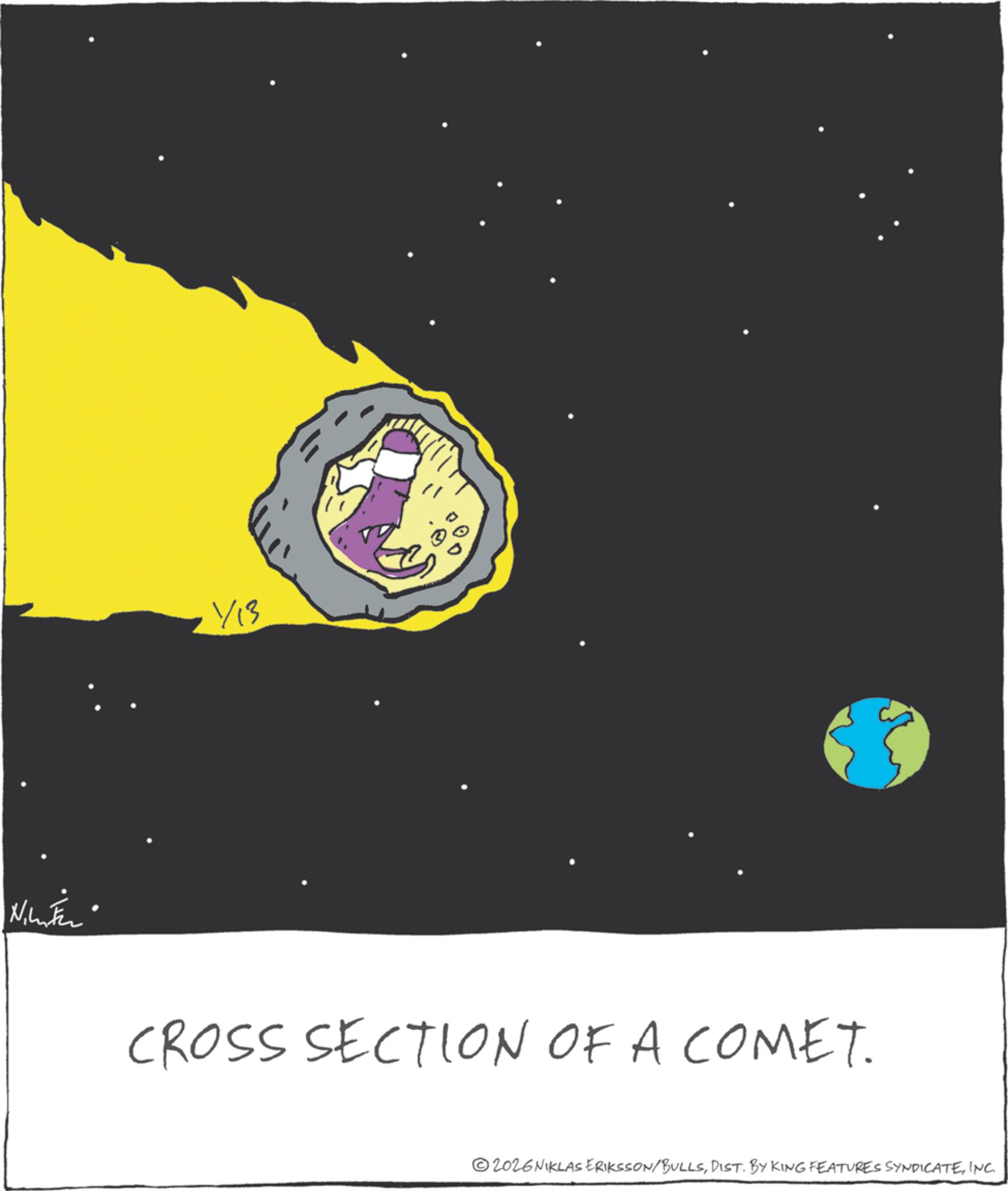 Graphic design OCR: Nimeter Y13 CROSS SECTION OF A COMET. 2026 NIKLAS ERIKSSON/BULLSINC. Nimeter Y13 CROSS SECTION OF A COMET . 2026 NIKLAS ERIKSSON / BULLSDIST . BY KING FEATURES SYNDICATEINC .