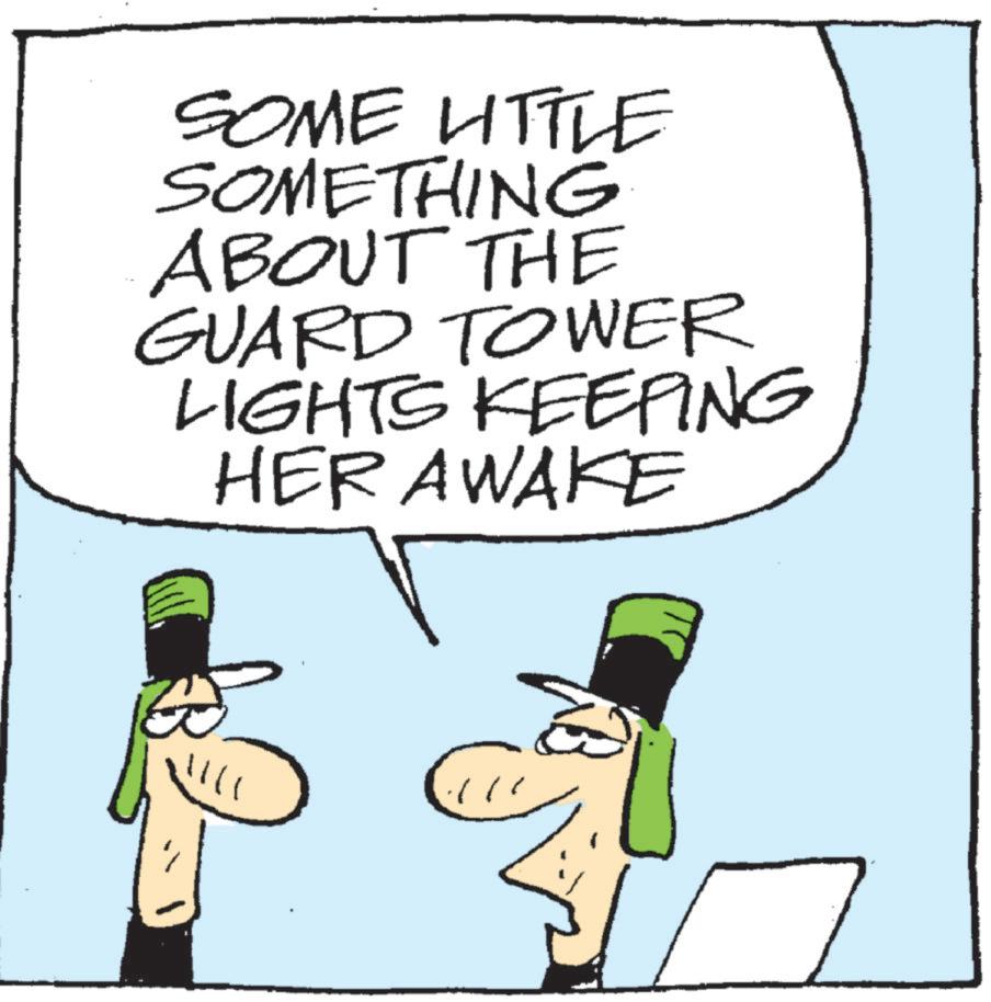 Photo caption OCR: SOME LITTLE SOMETHING ABOUT THE GUARD TOWER LIGHTS KEEPING HER AWAKE SOME LITTLE SOMETHING ABOUT THE GUARD TOWER LIGHTS KEEPING HER AWAKE