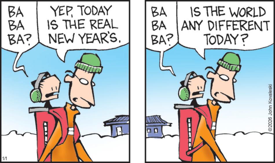 Pleased OCR: 1/1 BA BA BA? YEPTODAY BA IS THE WORLD IS THE REAL BA ANY DIFFERENT NEW YEAR'S. BA? TODAY? ©2026 John Kovaleski 1/1 BA BA BA ? YEPTODAY BA IS THE WORLD IS THE REAL BA ANY DIFFERENT NEW YEAR'S . BA ? TODAY ? © 2026 John Kovaleski