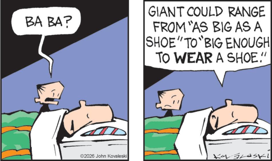 Photo caption OCR: BA BA? GIANT COULD RANGE FROM "AS BIG AS A SHOE" TO "BIG ENOUGH TO WEAR A SHOE." ©2026 John Kovaleski KorGraski BA BA ? GIANT COULD RANGE FROM " AS BIG AS A SHOE " TO " BIG ENOUGH TO WEAR A SHOE . " © 2026 John Kovaleski KorGraski