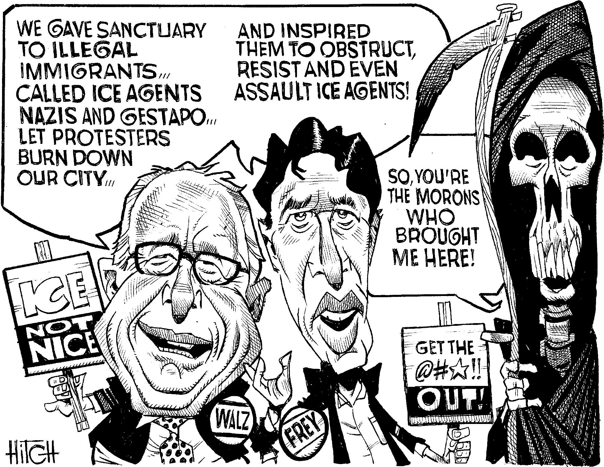 Fiction OCR: WE GAVE SANCTUARY TO ILLEGAL IMMIGRANTS/I/ CALLED ICE AGENTS NAZIS AND GESTAPO.... LET PROTESTERS BURN DOWN OUR CITY.II AND INSPIRED THEM TO OBSTRUCT RESIST AND EVEN ASSAULT ICE AGENTS! KE NOT NICE WALZ Hilcht FREY SOYOU'RE THE MORONS WHO BROUGHT ME HERE! GET THE @HA!! OUT! WE GAVE SANCTUARY TO ILLEGAL IMMIGRANTS / I / CALLED ICE AGENTS NAZIS AND GESTAPO .... LET PROTESTERS BURN DOWN OUR CITY.II AND INSPIRED THEM TO OBSTRUCT RESIST AND EVEN ASSAULT ICE AGENTS ! KE NOT NICE WALZ Hilcht FREY SOYOU'RE THE MORONS WHO BROUGHT ME HERE ! GET THE @HA !! OUT !