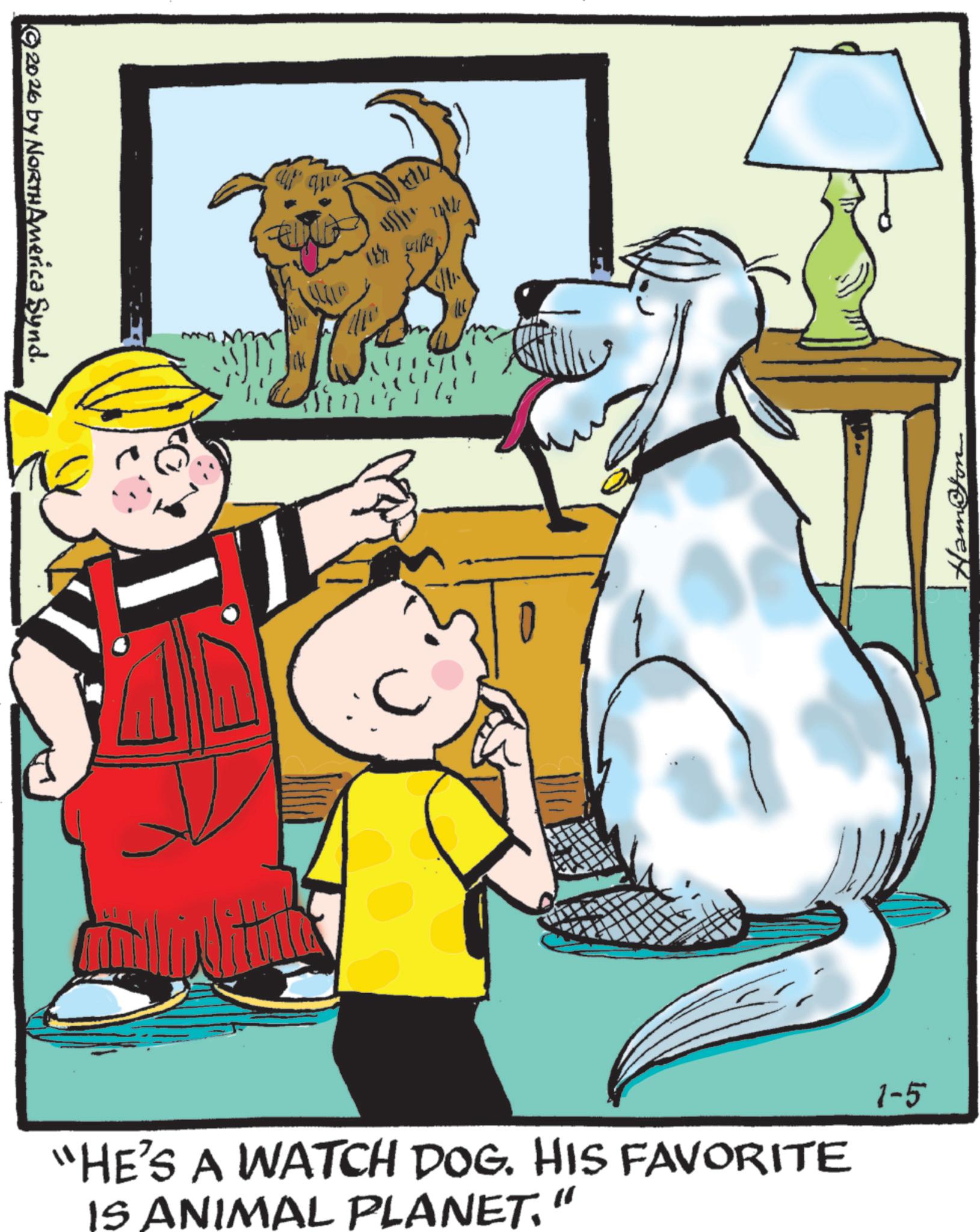 Comic book OCR: ©2026 by NORTHAmerica Synd. With at ques "HE'S A WATCH DOG. HIS FAVORITE IS ANIMAL PLANET." 1-5 Hamfon © 2026 by NORTHAmerica Synd . With at ques " HE'S A WATCH DOG . HIS FAVORITE IS ANIMAL PLANET . " 1-5 Hamfon