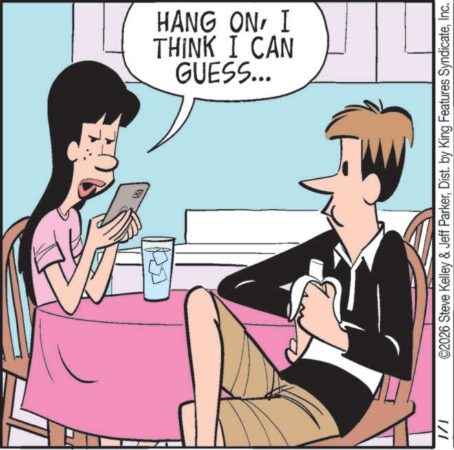 Animated cartoon OCR: GUESS... THINK I CAN HANG ONI 1/1 ©2026 Steve Kelley & Jeff ParkerInc. GUESS ... THINK I CAN HANG ONI 1/1 © 2026 Steve Kelley & Jeff ParkerDist . by King Features Syndicate