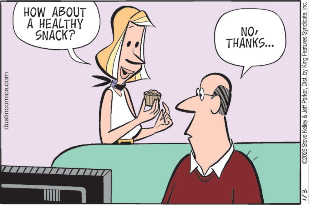 Fiction OCR: dustincomics.com ? SNACK? A HEALTHY HOW ABOUT 'ON THANKS... 1/3 ©2026 Steve Kelley & Jeff ParkerInc. dustincomics.com ? SNACK ? A HEALTHY HOW ABOUT ' ON THANKS ... 1/3 © 2026 Steve Kelley & Jeff ParkerDist . by King Features Syndicate