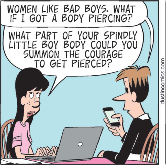 Comics OCR: WOMEN LIKE BAD BOYS. WHAT IF I GOT A BODY PIERCING? WHAT PART OF YOUR SPINDLY LITTLE BOY BODY COULD YOU SUMMON THE COURAGE TO GET PIERCED? dustincomics.com WOMEN LIKE BAD BOYS . WHAT IF I GOT A BODY PIERCING ? WHAT PART OF YOUR SPINDLY LITTLE BOY BODY COULD YOU SUMMON THE COURAGE TO GET PIERCED ? dustincomics.com