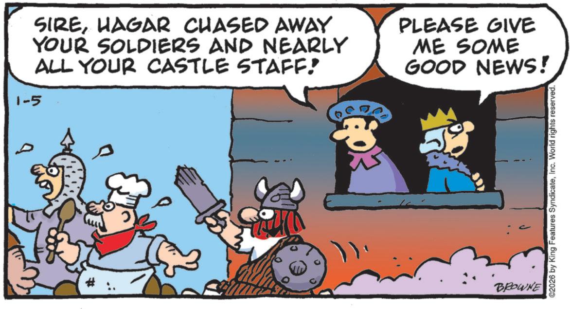Comic book OCR: SIREHAGAR CHASED AWAY YOUR SOLDIERS AND NEARLY ALL YOUR CASTLE STAFF! 1-5 PLEASE GIVE ME SOME GOOD NEWS! ? BROWNE ©2026 by King Features SyndicateInc. World rights reserved. SIREHAGAR CHASED AWAY YOUR SOLDIERS AND NEARLY ALL YOUR CASTLE STAFF ! 1-5 PLEASE GIVE ME SOME GOOD NEWS ! ? BROWNE © 2026 by King Features SyndicateInc. World rights reserved .
