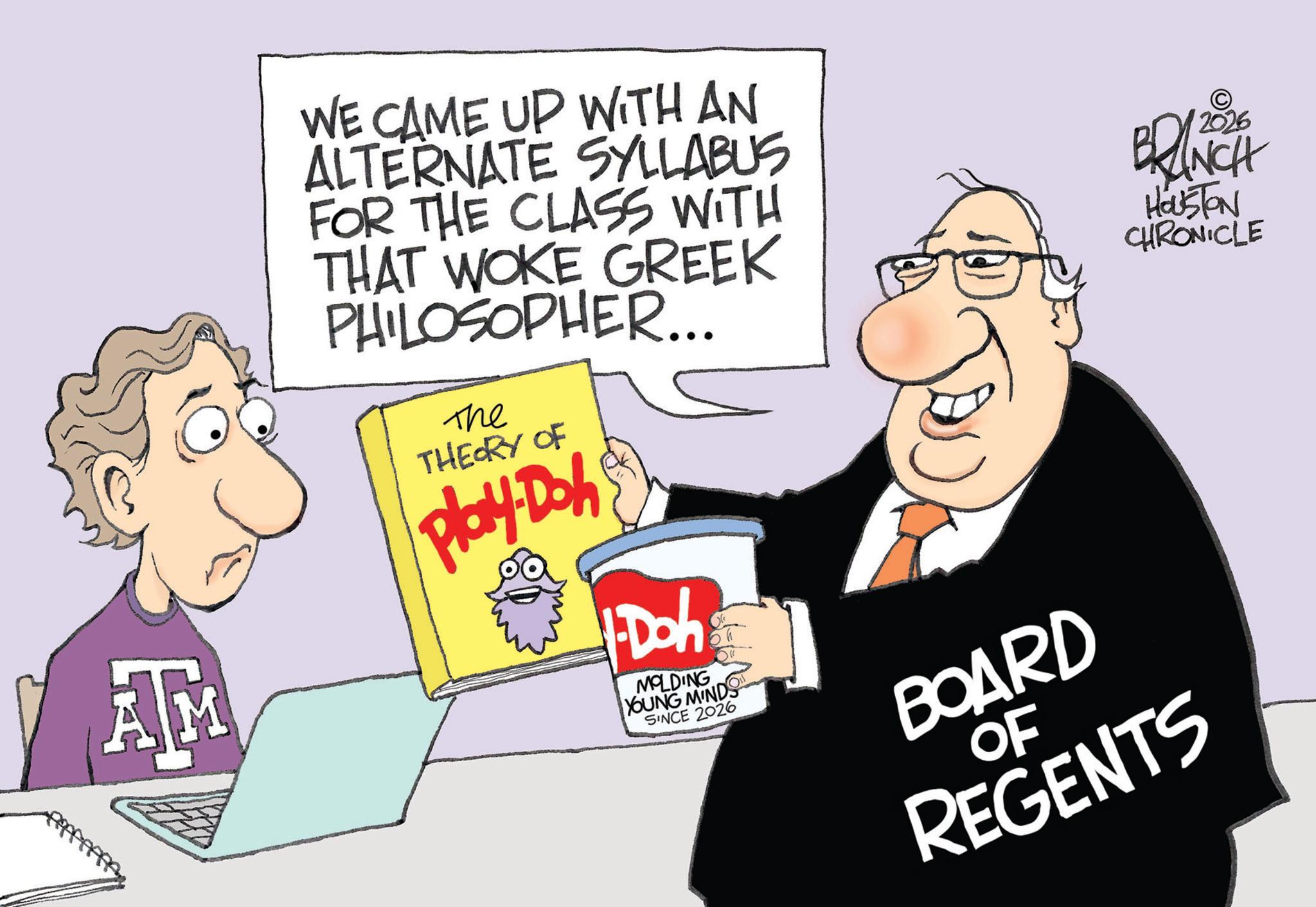 Animated cartoon OCR: ATM WE CAME UP WITH AN ALTERNATE SYLLABUS FOR THE CLASS WITH THAT WOKE GREEK PHILOSOPHER... The THEORY OF Play-Doh 1-Doh MOLDING YOUNG MINDS SINCE 2026 BOARD OF 2026 BRANCH HOUSTON CHRONICLE REGENTS ATM WE CAME UP WITH AN ALTERNATE SYLLABUS FOR THE CLASS WITH THAT WOKE GREEK PHILOSOPHER ... The THEORY OF Play - Doh 1 - Doh MOLDING YOUNG MINDS SINCE 2026 BOARD OF 2026 BRANCH HOUSTON CHRONICLE REGENTS