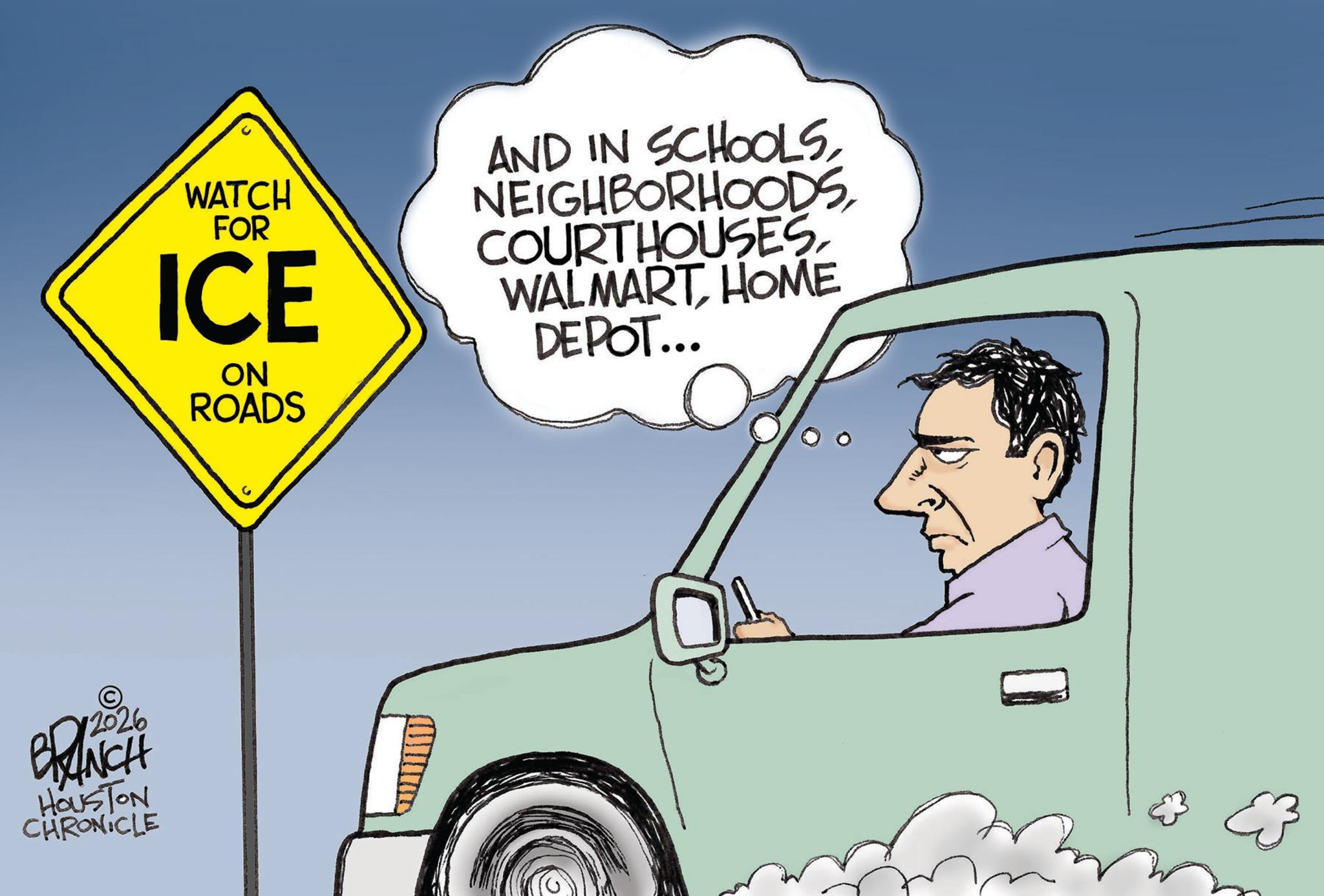 Animated cartoon OCR: © 12026 BRANCH HOUSTON CHRONICLE WATCH FOR ICE ON ROADS AND IN SCHOOLSCOURTHOUSES. WALMART HOME DEPOT... © 12026 BRANCH HOUSTON CHRONICLE WATCH FOR ICE ON ROADS AND IN SCHOOLSCOURTHOUSES . WALMART HOME DEPOT ...