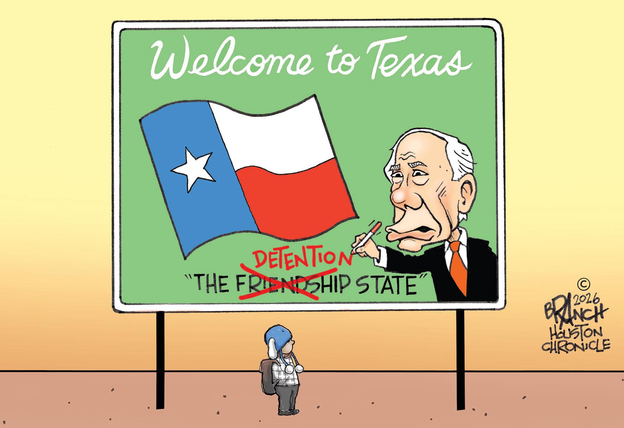 Animated cartoon OCR: " Welcome to Texas DA DETENTION "THE FRIENDSHIP STATE" © BRANCH HOUSTON CHRONICLE " Welcome to Texas DA DETENTION " THE FRIENDSHIP STATE " © BRANCH HOUSTON CHRONICLE