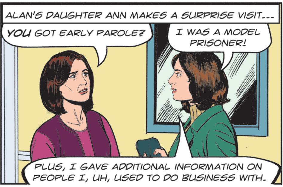 Photo caption OCR: ALAN'S DAUGHTER ANN MAKES A SURPRISE VISIT... YOU GOT EARLY PAROLE? I WAS A MODEL PRISONER! PLUSI GAVE ADDITIONAL INFORMATION ON PEOPLE IUSED TO DO BUSINESS WITH- ALAN'S DAUGHTER ANN MAKES A SURPRISE VISIT ... YOU GOT EARLY PAROLE ? I WAS A MODEL PRISONER ! PLUSI GAVE ADDITIONAL INFORMATION ON PEOPLE IUSED TO DO BUSINESS WITH-