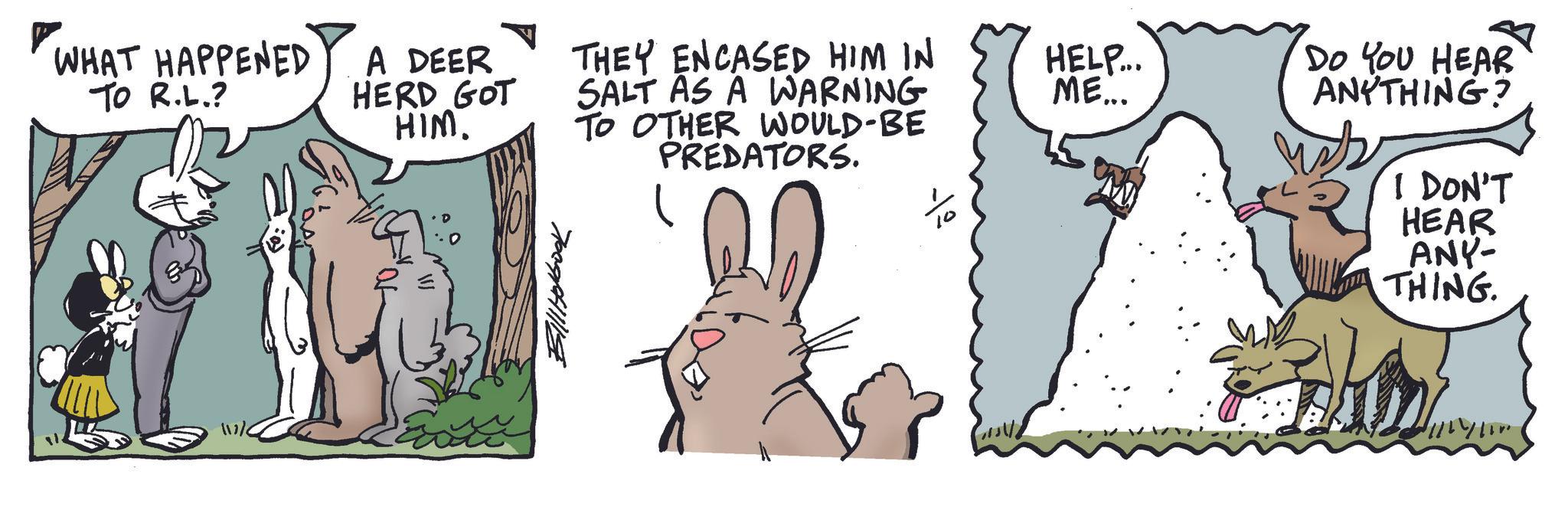 Snowshoe hare OCR: WHAT HAPPENED TO R.L.? A DEER HERD GOT HIM. THEY ENCASED HIM IN SALT AS A WARNING TO OTHER WOULD-BE PREDATORS. HELP... ME... DO YOU HEAR ANYTHING? I DON'T HEAR ANY- THING WHAT HAPPENED TO R.L. ? A DEER HERD GOT HIM . THEY ENCASED HIM IN SALT AS A WARNING TO OTHER WOULD - BE PREDATORS . HELP ... ME ... DO YOU HEAR ANYTHING ? I DON'T HEAR ANY- THING