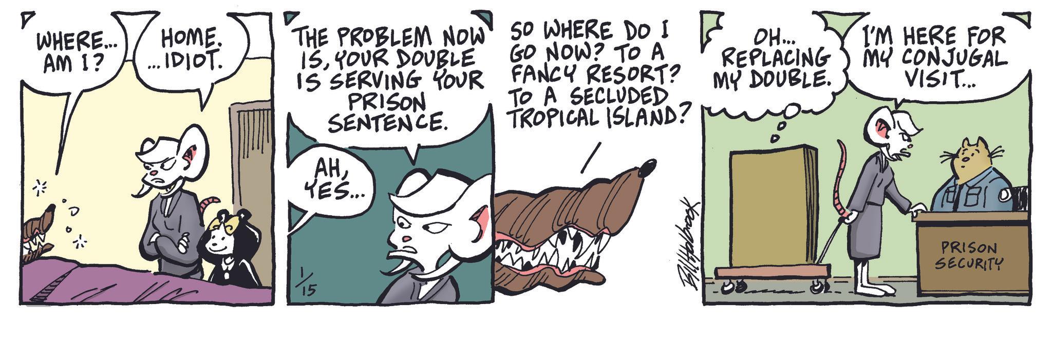 Animated cartoon OCR: ? WHERE... AM I? 12 HOME. IDIOT. THE PROBLEM NOW ISYOUR DOUBLE IS SERVING YOUR PRISON SENTENCE. AHYES... SO WHERE DO I GO NOW? TO A FANCY RESORT? TO A SECLUDED TROPICAL ISLAND? OH... REPLACING MY DOUBLE. BOH... I'M HERE FOR MY CONJUGAL VISIT... Bill Holbrook PRISON SECURITY ? WHERE ... AM I ? 12 HOME . IDIOT . THE PROBLEM NOW ISYOUR DOUBLE IS SERVING YOUR PRISON SENTENCE . AHYES ... SO WHERE DO I GO NOW ? TO A FANCY RESORT ? TO A SECLUDED TROPICAL ISLAND ? OH ... REPLACING MY DOUBLE . BOH ... I'M HERE FOR MY CONJUGAL VISIT ... Bill Holbrook PRISON SECURITY