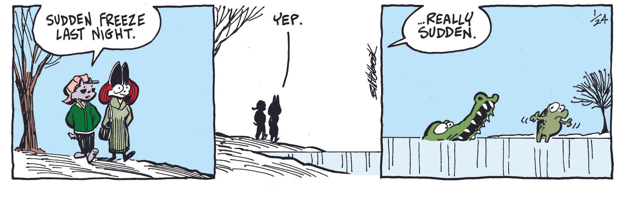 Fictional character OCR: SUDDEN FREEZE LAST NIGHT. YEP. REALLY SUDDEN. 24 SUDDEN FREEZE LAST NIGHT . YEP . REALLY SUDDEN . 24