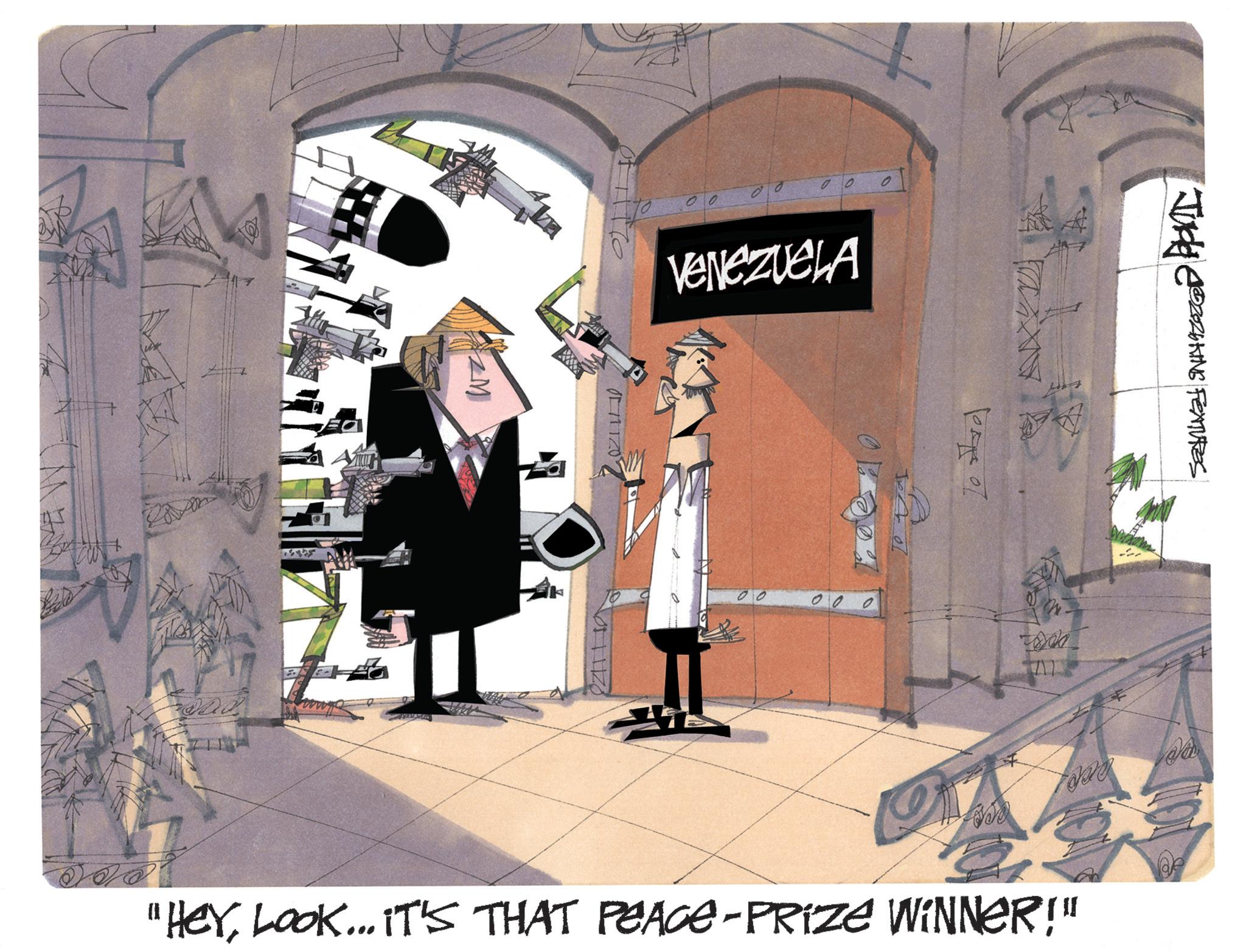 Graphic design OCR: M 0 VENEZUELA Judd ZOZOKING FEATURES Log of 00 00 400 "HEYLOOK... IT'S THAT PEACE-PRIZE WINNER!" @e M 0 VENEZUELA Judd ZOZOKING FEATURES Log of 00 00 400 " HEYLOOK ... IT'S THAT PEACE - PRIZE WINNER ! " @e