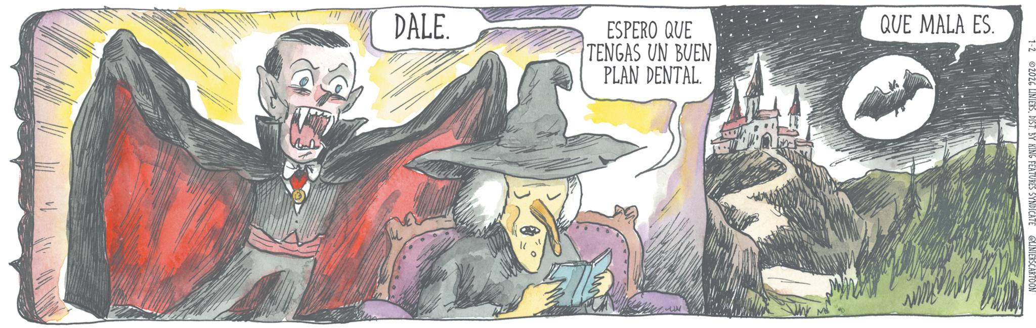 Costume Hat OCR: DALE. ESPERO QUE TENGAS UN BUEN PLAN DENTAL. QUE MALA ES. 1-2 2026 LINIERSDIST. BY KING FEATURES SYNDICATE @LINIERSCARTOON DALE . ESPERO QUE TENGAS UN BUEN PLAN DENTAL . QUE MALA ES . 1-2 2026 LINIERSDIST . BY KING FEATURES SYNDICATE @LINIERSCARTOON