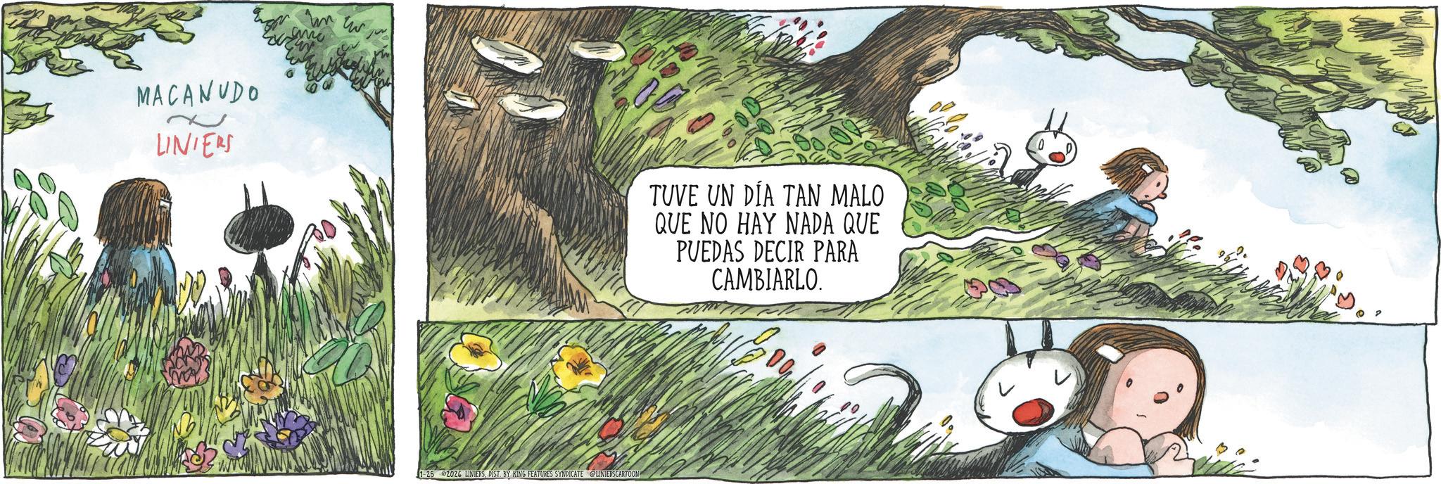 Child OCR: MACANUDO LINIERS 1-25 2026 LINIERSDIST. BY KING FEATURES SYNDICATE LINIERSCARTOON TUVE UN DÍA TAN MALO QUE NO HAY NADA QUE PUEDAS DECIR PARA CAMBIARLO. MACANUDO LINIERS 1-25 2026 LINIERSDIST . BY KING FEATURES SYNDICATE LINIERSCARTOON TUVE UN DÍA TAN MALO QUE NO HAY NADA QUE PUEDAS DECIR PARA CAMBIARLO .