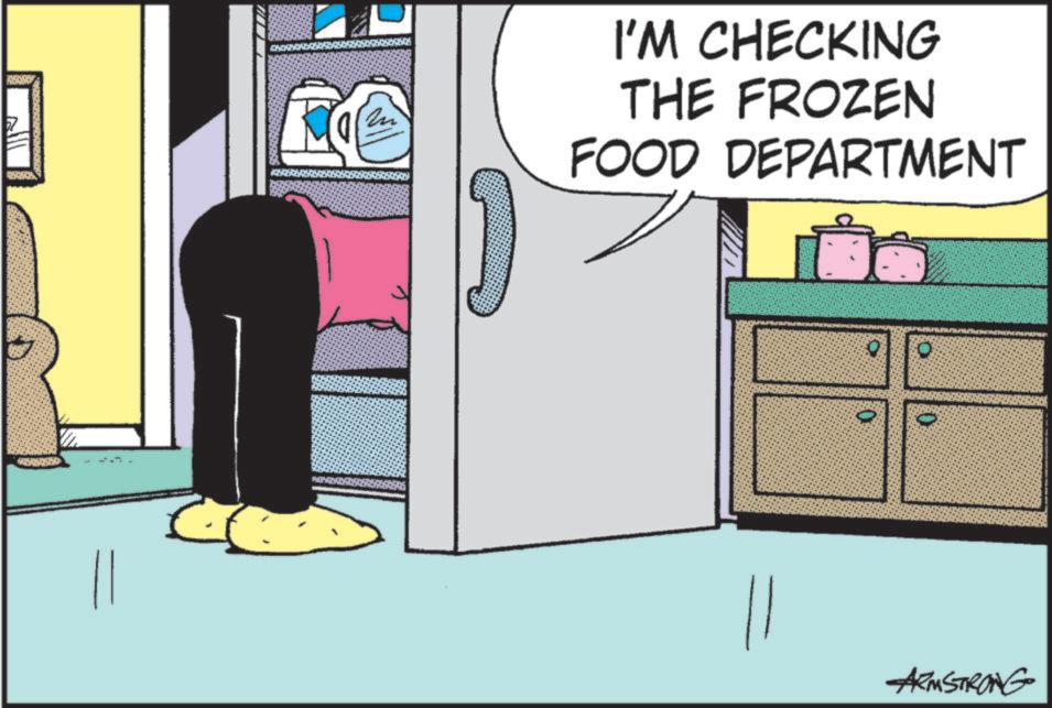 Fictional character OCR: M I'M CHECKING THE FROZEN FOOD DEPARTMENT 0 O 11 ARMSTRONG M I'M CHECKING THE FROZEN FOOD DEPARTMENT 0 O 11 ARMSTRONG