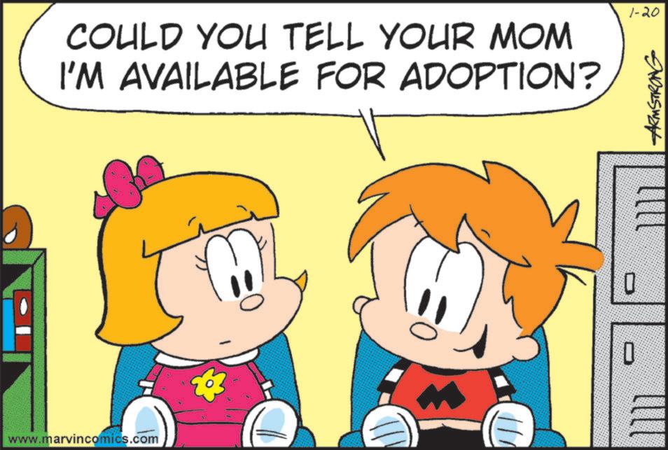 Pleased OCR: COULD YOU TELL YOUR MOM I'M AVAILABLE FOR ADOPTION? www.marvincomics.com 1/1 0 D 1-20 ARMSTRONG COULD YOU TELL YOUR MOM I'M AVAILABLE FOR ADOPTION ? www.marvincomics.com 1/1 0 D 1-20 ARMSTRONG