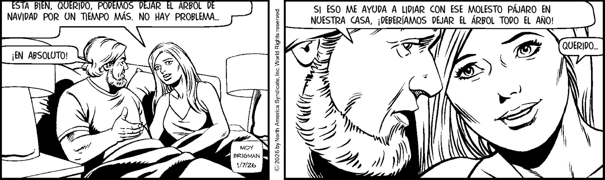 Fictional character OCR: ESTA BIENPODEMOS DEJAR EL ARBOL DE NAVIDAD POR UN TIEMPO MÁS. NO HAY PROBLEMA... SI ESO ME AYUDA A LIDIAR CON ESE MOLESTO PÁJARO EN NUESTRA CASA¡DEBERÍAMOS DEJAR EL ÁRBOL TODO EL AÑO! QUERIDO... ¡EN ABSOLUTO! MOY BRIGMAN 1/7/26 ??? ESTA BIENPODEMOS DEJAR EL ARBOL DE NAVIDAD POR UN TIEMPO MÁS . NO HAY PROBLEMA ... SI ESO ME AYUDA A LIDIAR CON ESE MOLESTO PÁJARO EN NUESTRA CASA¡ DEBERÍAMOS DEJAR EL ÁRBOL TODO EL AÑO ! QUERIDO ... ¡ EN ABSOLUTO ! MOY BRIGMAN 1/7/26 ???