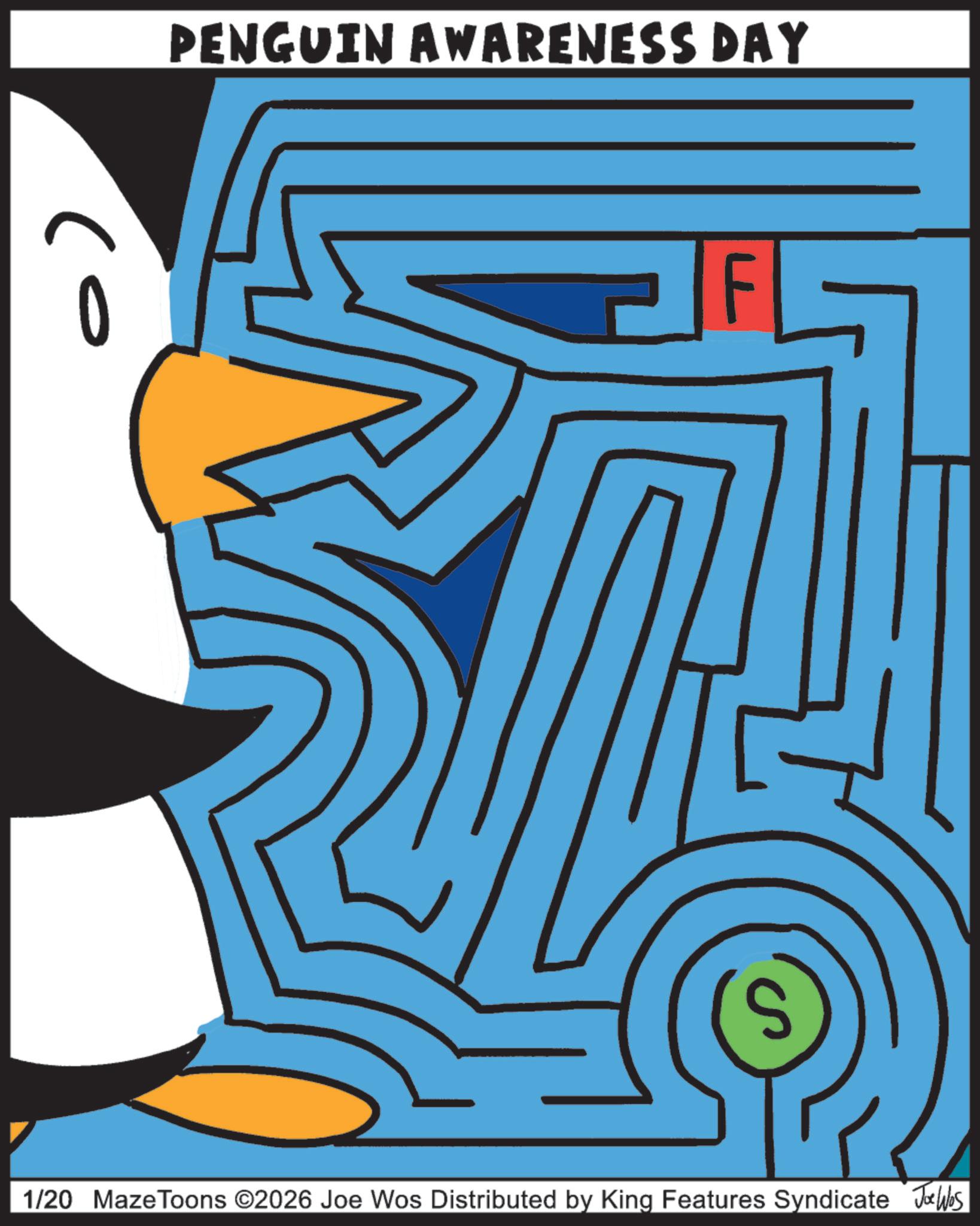 Flightless bird OCR: PENGUIN AWARENESS DAY (- 1/20 Maze Toons ©2026 Joe Wos Distributed by King Features Syndicate Joe Was PENGUIN AWARENESS DAY ( - 1/20 Maze Toons © 2026 Joe Wos Distributed by King Features Syndicate Joe Was