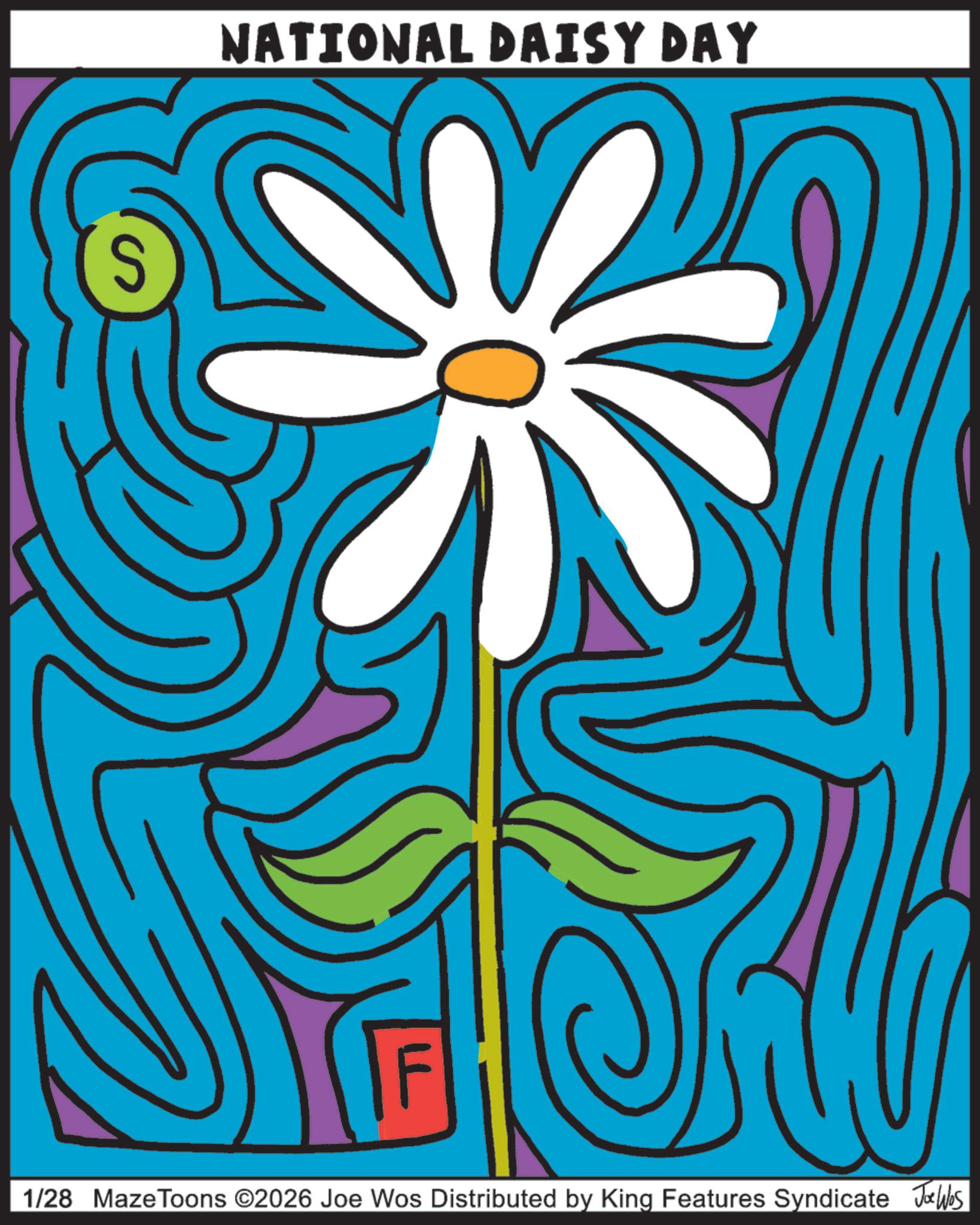 Clip art OCR: S NATIONAL DAISY DAY 1/28 Maze Toons ©2026 Joe Wos Distributed by King Features Syndicate Jobs S NATIONAL DAISY DAY 1/28 Maze Toons © 2026 Joe Wos Distributed by King Features Syndicate Jobs