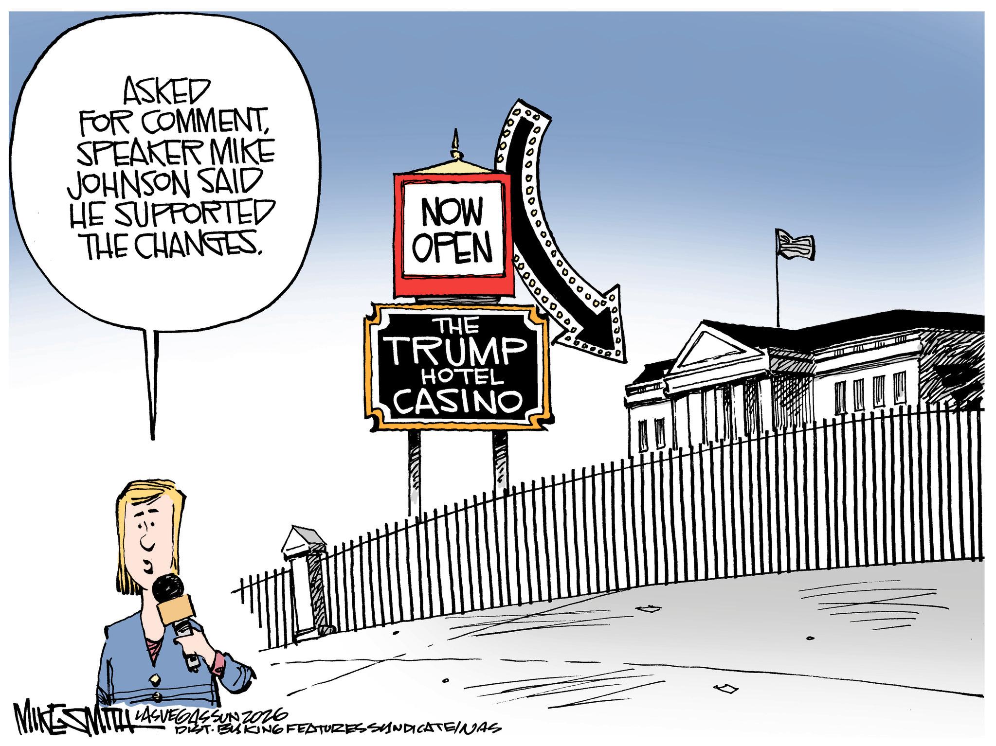Graphic design OCR: ASKED FOR COMMENTSPEAKER MIKE JOHNSON SAID HE SUPPORTED THE CHANGES. NOW OPEN R20000 THE TRUMP HOTEL CASINO INE SMITTI LASVEGASSUN 2026 DIST. BUSKING FEATURES SYNDICATEINAS ASKED FOR COMMENTSPEAKER MIKE JOHNSON SAID HE SUPPORTED THE CHANGES . NOW OPEN R20000 THE TRUMP HOTEL CASINO INE SMITTI LASVEGASSUN 2026 DIST . BUSKING FEATURES SYNDICATEINAS