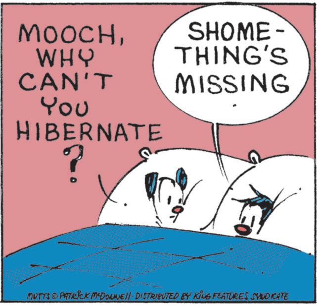 Photo caption OCR: MOOCHWHY CAN'T You HIBERNATE SHOME- THING'S MISSING MUTTS © PATRICK MCDONNELL DISTRIBUTED BY KING FEATURES SYNDICATE MOOCHWHY CAN'T You HIBERNATE SHOME- THING'S MISSING MUTTS © PATRICK MCDONNELL DISTRIBUTED BY KING FEATURES SYNDICATE